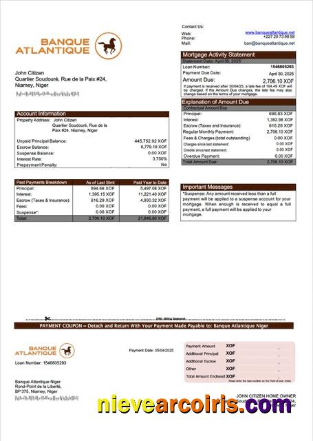 Niger Banque Atlantique Niger mortgage statement Word and PDF template